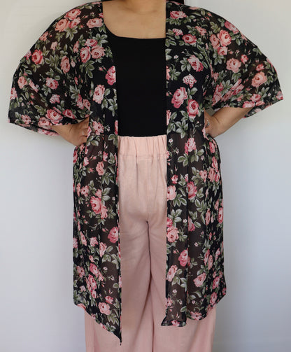 Plus Size Mesh Floral Print Kimono