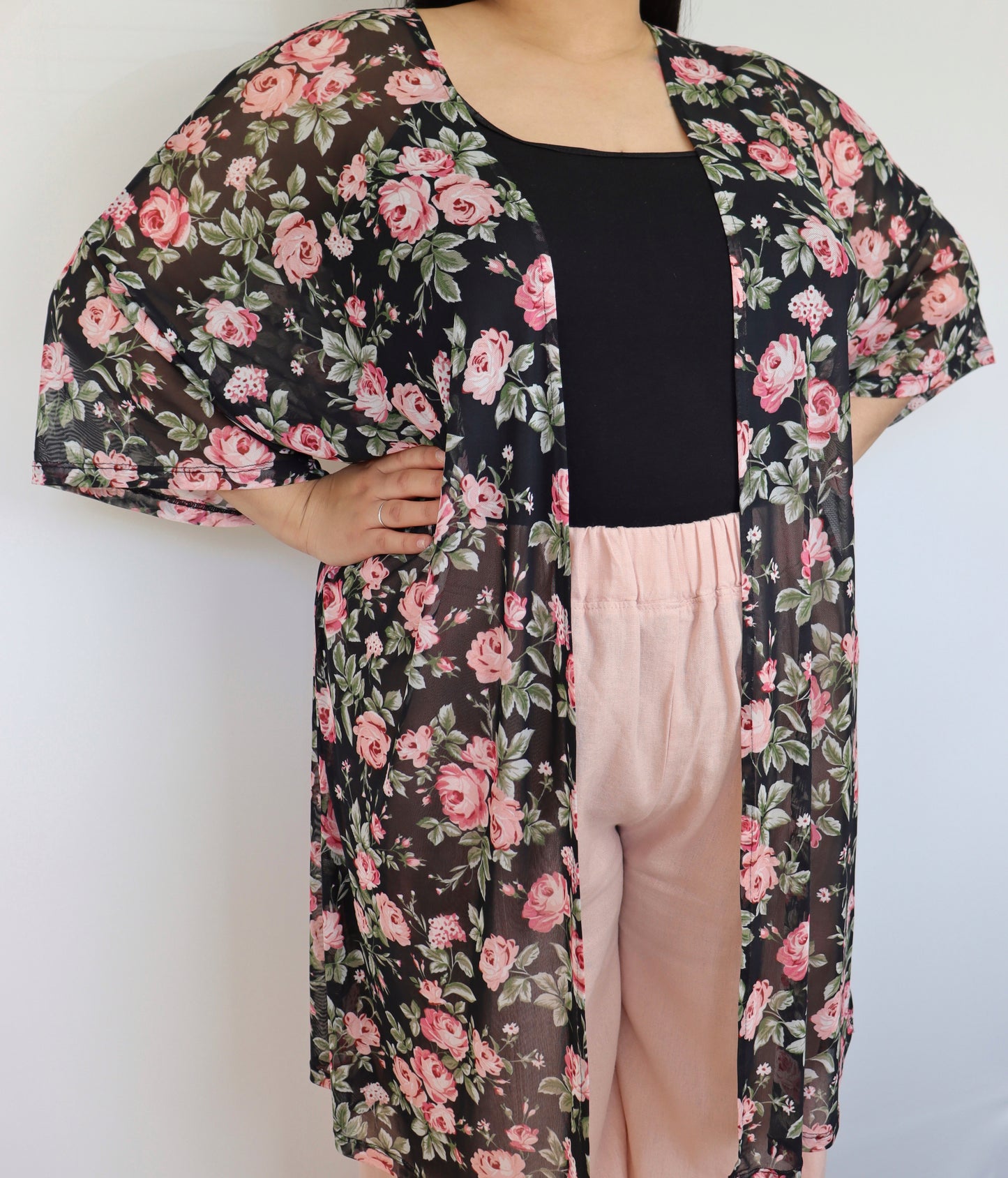 Plus Size Mesh Floral Print Kimono